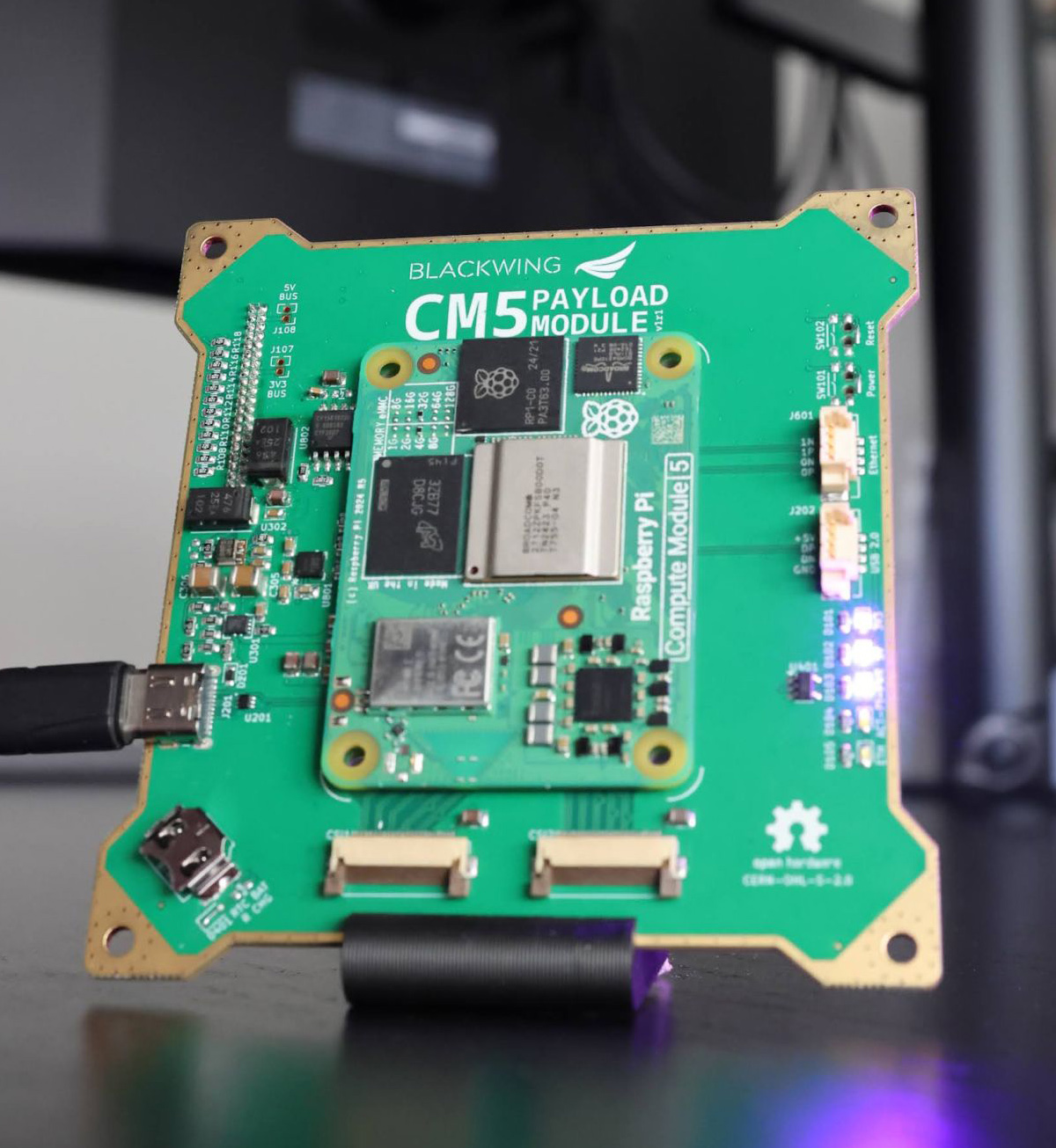 Blackwing Space CM5 Payload Module, an open-hardware carrier board with a Raspberry Pi Compute Module 5 fitted at its centre.