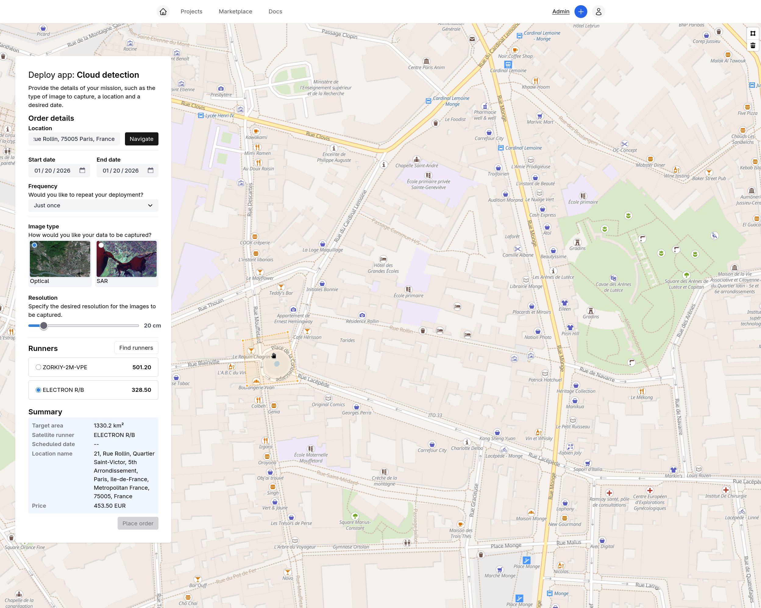 SpaceOS Hub marketplace showing cloud detection app deployment with satellite selection and pricing